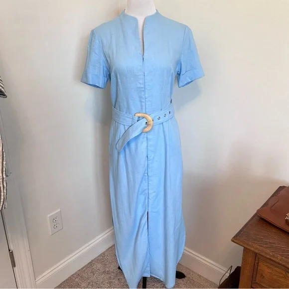 For Cynthia | Dresses | New Forcynthia Blue Linen Blend Midi Short Sleeve  Dress Small | Poshmark